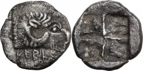 Greek Asia. Troas, Kebren. AR Diobol, 5th century BC. Ram's head right; below, KEBPE[ ]. / Quadripartite incuse square. SNG Cop. 254-5; SNG von Aulock...