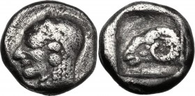 Greek Asia. Troas, Kebren. AR Diobol, c. 450 BC. Archaic head of Apollo left. / Ram's head left within square incuse. SNG von Aulock 1546. AR. 1.24 g....