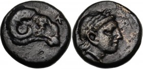 Greek Asia. Troas, Kebren. AE 9 mm, c. 350-310 BC. Ram's head right; K above. / Laureate head of Apollo right. SNG von Aulock 1550-1. AE. 1.07 g. 9.00...