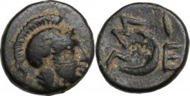 Greek Asia. Troas, Sigeion. AE 9 mm. 4th-3rd century BC. Helmeted head of Athena right. / Σ-Ι / Γ-Ε. Crescent left. SNG von Aulock 1572; SNG Cop. 499-...