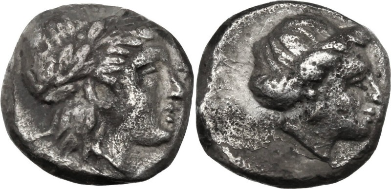 Greek Asia. Lesbos, Mytilene. AR Diobol, c. 400-350 BC. Laureate head of Apollo ...