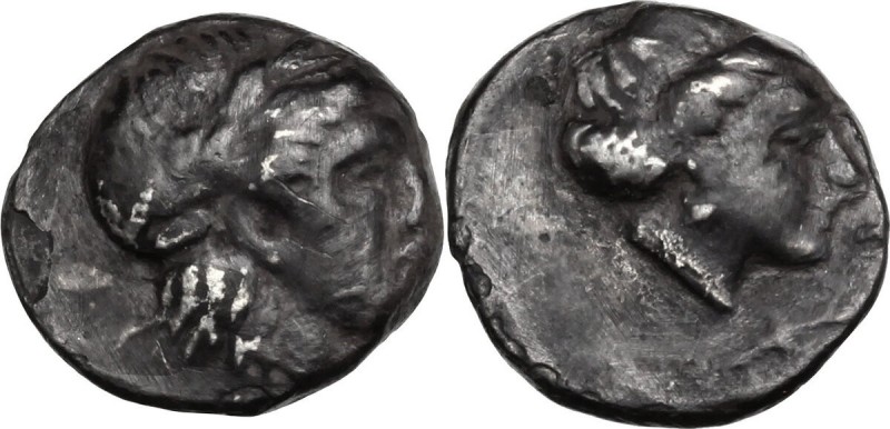 Greek Asia. Lesbos, Mytilene. AR Diobol, c. 400-350 BC. Laureate head of Apollo ...