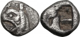 Greek Asia. Ionia, Phokaia. AR Diobol, c. 521-478 BC. Head of griffin left, with protruding tongue. / Irregular quadripartite incuse square punch. SNG...