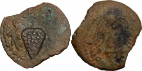 Greek Asia. Judaea. Herodians. Herod II Archelaos (4 BC-6 AD). AE Prutah. Grape bunch, on vine with small leaf. / Crested helmet; in left field, keryk...