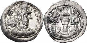 Greek Asia. Sasanian kings of Persia. Šābuhr (Shahpur) II (309-379 AD). AR Drachm. Mint IX (“Kabul”). Bust right, wearing mural crown with korymbos. /...