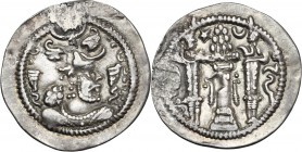 Greek Asia. Sasanian kings of Persia. Peroz I (457/9-484 AD). AR Drachm. WH (Veh-Ardashir) mint. Crowned bust right, crescent on forehead. / Fire alta...