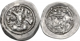 Greek Asia. Sasanian kings of Persia. Jāmāsp (497-499 AD). AR Drachm. AS mint. Dated RY 1. Bust right, wearing mural crown with inner crescent and kor...