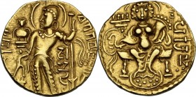 Greek Asia. India, Gupta Empire. Samudragupta (335-380 AD). AV Dinar. Samudragupta, nimbate standing facing, head left, dropping incense on altar and ...