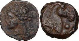 Africa. Zeugitania, Carthage. AE 20 mm. c. 300-264 BC. Wreathed head of Tanit left. / Horse's head right; globe before, pellet below. MAA 571; SNG Cop...