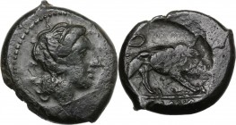 Anonymous. AE Unit, Neapolis, after 276 BC. Female head right. / Lion walking right; in exergue, [ROMANO]. Cr. 16/1a (Double Litra); HN Italy 276. AE....