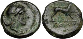AE Half-bronze, c. 234-231 BC. Head of Roma right, wearing Phrygian helmet. / Dog right; in exergue, ROMA. Cr. 26/4; HN Italy 309. AE. 1.54 g. 12.00 m...