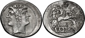 Anonymous. AR Quadrigatus, c. 225-214 BC. Laureate Janiform head of Dioscuri. / Jupiter, holding sceptre and hurling thunderbolt, in fast quadriga rig...