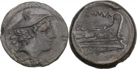 Semilibral series. AE Semuncia, c. 217-215 BC. Head of Mercury right, wearing winged petasus. / ROMA. Prow right. Cr. 38/7. AE. 5.71 g. 20.50 mm. A su...