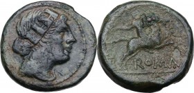 Anomalous Semilibral series. AE Semuncia, c. 217-215 BC. Draped female bust right, wearing turreted crown. / Horseman galloping right, holding whip an...