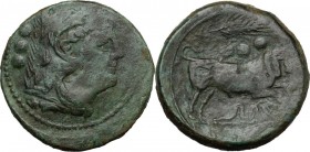Corn-ear series. AE Quadrans, 214-212 BC, Sicily. Head of Hercules right, wearing boar's skin; behind, three pellets. / Bull charging right; corn-ear ...