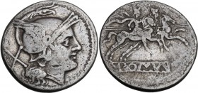 Anonymous. AR Denarius, 214-213 BC. Helmeted head of Roma right; behind, X. / The Dioscuri galloping right; in exergue, ROMA partially incuse on raise...