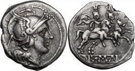 Anonymous, 'dot' series. AR Quinarius, from 211 BC. Helmeted head of Roma right; behind, V; below, dot. / The Dioscuri galloping right; below, ROMA in...