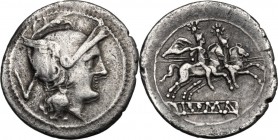 Anonymous. AR Quinarius, from 211 BC. Helmeted head of Roma right; behind, V. / The Dioscuri galloping right; below, ROMA in linear frame. Cr. 44/6. A...