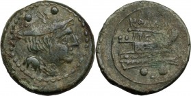 Sextantal series. AE Sextans, after 211 BC. Head of Mercury right; above, two pellets. / ROMA. Prow right; below, two pellets. Cr. 56/6 and pl. XII, 3...