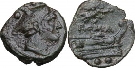 Victory series. AE Sextans, light series, Central Italy. Head of Mercury right; above, two pellets. / Prow right; above, Victory with wreath flying ri...