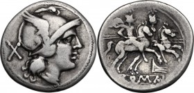 Rostrum Tridens (first) series. AR Denarius, c. 211-208 BC, Central Italy. Helmeted head of Roma right; behind, X. / The Dioscuri galloping right; bel...