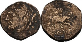 Corn-ear' series. AE Quadrans, very much reduced c. 211-210 BC, Sicily. Head of Hercules left, wearing boar-skin; behind, three pellets. / Bull chargi...