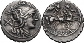 Six-spoked wheel series. AR Denarius serratus, c. 209-208 BC, Sicily (?). Helmeted head of Roma right; behind, X. / The Dioscuri galloping right; belo...
