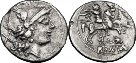 Dolphin (first) series. AR Denarius, c. 209-208 BC, Sicily (?). Helmeted head of Roma right; behind, X. / The Dioscuri galloping right; below, dolphin...