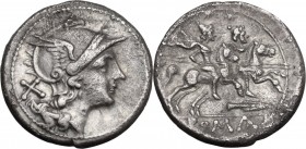 Spearhead (second) series. AR Denarius, c. 209 BC, South East Italy. Helmeted head of Roma right; behind, X. / The Dioscuri galloping right; below, sp...