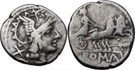 Feather' series. AR Denarius, c. 179-170. Obv. Helmeted head of Roma right; behind X. / Luna in prancing biga right; below, feather and ROMA. Cr. 163/...
