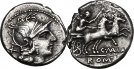 C. Maianius. AR Denarius, 152 BC. Helmeted head of Roma right; behind, X. / Victory in biga right; below horses, C. MAIANI; in exergue, ROMA. Cr. 203/...