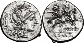 C. Terentius Lucanus. AR Denarius, 147 BC. Helmeted head of Roma right; behind, X and small Victory. / The Dioscuri galloping right; below horses, C. ...