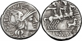 C. Antestius. AR Denarius, 146 BC. Helmeted head of Roma right; behind, C. ANTESTI; before, X. / The Dioscuri galloping right; below, dog running righ...