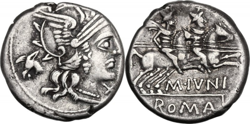 M. Iunius Silanus. AR Denarius, 145 BC. Helmeted head of Roma right; below chin,...