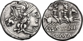 M. Iunius Silanus. AR Denarius, 145 BC. Helmeted head of Roma right; below chin, X; behind, ass's head. / The Dioscuri galloping right; below horses, ...