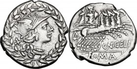 Cn. Gellius. AR Denarius, 138 BC. Helmeted head of Roma right, X behind, all within laurel-wreath. / Mars and Nerio in quadriga right; below horses, C...