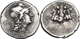 C. Servilius M.f. AR Denarius, 136 BC. Helmeted head of Roma right; behind, wreath; below, X and ROMA. / The Dioscuri galloping in opposite directions...