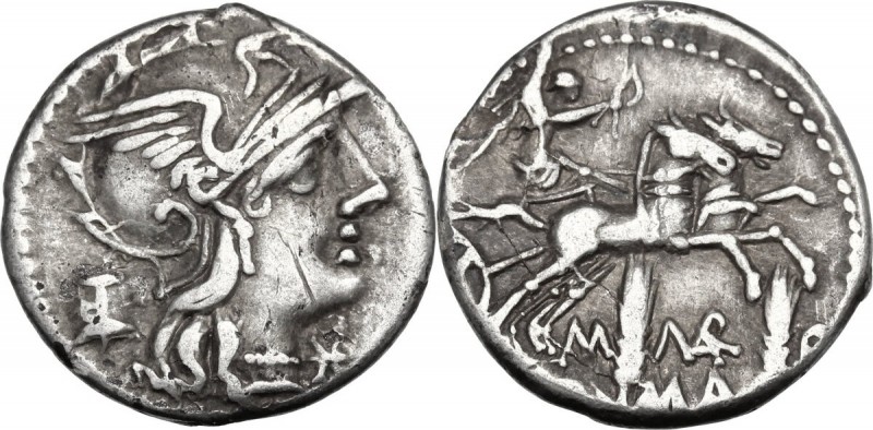 M. Marcius Mn. f. AR Denarius, 134 BC. Helmeted head of Roma right; below chin, ...