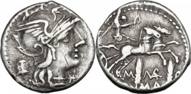M. Marcius Mn. f. AR Denarius, 134 BC. Helmeted head of Roma right; below chin, X; behind, modius. / Victory in biga right; below, M MARC/ROMA divided...