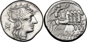 P. Maenius Antiaticus M. f. AR Denarius, 132 BC. Helmeted head of Roma right; behind, X. / Victory in quadriga right, holding reins and palm-branch in...
