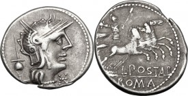 L. Postumius Albinus. AR Denarius, 131 BC. Helmeted head of Roma right; behind, apex; below chin, X. / Mars in quadriga right, holding spear, shield a...
