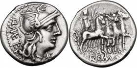 M. Vargunteius. AR Denarius, 130 BC. Helmeted head of Roma right, M. VARG behind, X below chin. / Jupiter in walking quadriga right; in exergue, ROMA....