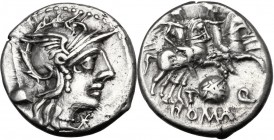 T. Quinctius Flamininus . AR Denarius, 126 BC. Helmeted head of Roma right; below chin, X; behind flamen's cap. / The Dioscuri galloping right; below ...