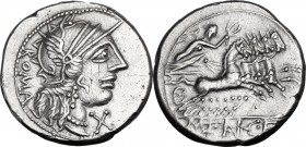 M. Fannius C.f. AR Denarius, 123 BC. Helmeted head of Roma right; below chin, X; behind, ROMA. / Victory in quadriga right; in exergue, M. FAN (ligate...