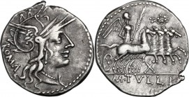 M. Tullius. AR Denarius, 120 BC. Helmeted head of Roma right, ROMA behind. / Victory in quadriga right; below horses, X; in exergue, M. TVLLI. Cr. 280...