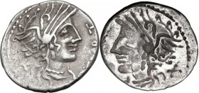 Q. Curtius. Brockage Denarius, 116-115 BC. Helmeted head of Roma right; before [Q. CVR]T; behind, X. / Incuse of obverse. Cf. Cr. 285/2; Cf. B. 2. AR....