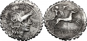 C. Malleolus C.f. AR Denarius serratus, 118 BC. C. MALLE C. F. Helmeted head of Roma right; behind, X. / Bituitus in biga right, holding shield, carni...
