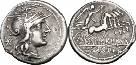 C. Fabius, L. Roscius and Q. Marcius. AR Denarius, 118-117 BC. Helmeted head of Roma right, X behind. / Victory in quadriga right, ROMA below horses, ...