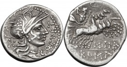 Q. Curtius. AR Denarius, 116-115 BC. Helmeted head of Roma right, X behind, Q. CVRT before. / Jupiter in galloping quadriga right, M. SILA below horse...
