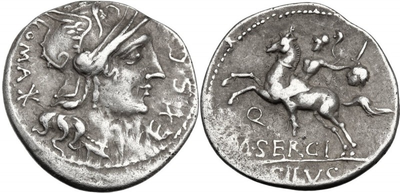 M. Sergius Silus. AR Denarius, 116-115 BC. Helmeted head of Roma right; before, ...